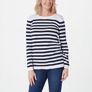 Susan Graver Back Button Detail Striped Sweater